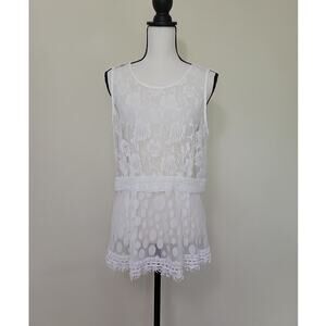 Adiva XL Ivory Sleeveless Rose Floral Lace Sheer Top Blouse Pullover Zip Keyhole